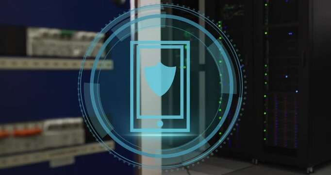 Animation of shield icon and digital data processing over computer servers