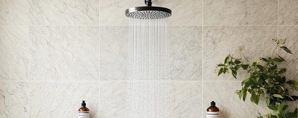 Modern spa shower with rain showerhead, marble walls, and aromatic oils, promoting indulgence