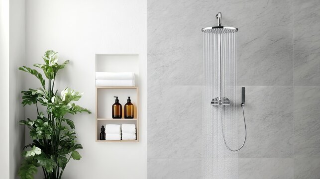 Modern spa shower with rain showerhead, marble walls, and aromatic oils, promoting indulgence