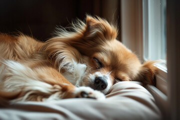 Naklejka premium Fluffy Puppy Napping by the Window – Soft Side Lighting Gently Illuminates Its Fur, Capturing a Serene and Comfortable Moment of Pure Relaxation, Perfect for Pet Lovers