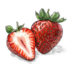 Delicate watercolor and ink artwork of strawberries on transparent background