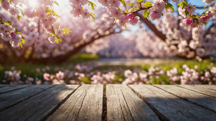 Experience the tranquility of a wooden table bathed in morning sunlight, adorned with colorful cherry blossom flowers against an abstract background. Perfect for serene and nature-inspired designs.