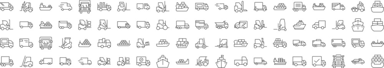 Ship, Van, Tractor Outline Web Line Icons Collection. Editable Stroke. Minimalistic Linear Pictogram for Design of Cards, Apps, Banners, Posts
