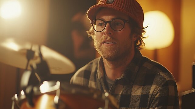 In a warmly lit, comfortable studio, a man wearing glasses and a cap plays the drum kit.