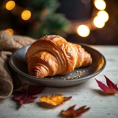 A delightful croissant  on a wooden table, surrounded by autumn leaves