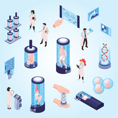 Isometric human cloning dna research science laboratory set with isolated icons of test tubes human characters vector illustration