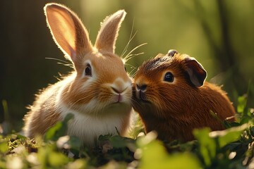Fototapeta premium Closeup of a Brown Bunny and Guinea Pig
