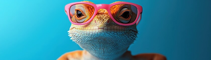 Fototapeta premium Colorful lizard in pink sunglasses, posing confidently against a bright blue backdrop