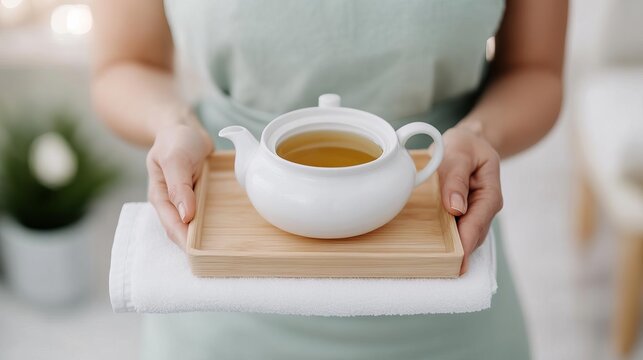 Spa therapist preparing a herbal tea for a client, emphasizing personalized wellness