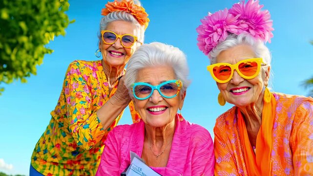 Funny Senior Women in Vibrant Outfits and Sunglasses Enjoying a Sunny Day