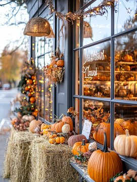 Charming autumn storefront adorned with pumpkins, hay, and festive decorations, capturing the essence of fall harvest season.