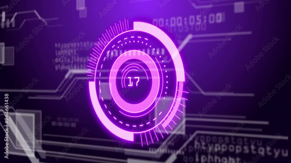 Poster animation of scope scanning and digital data processing over purple background