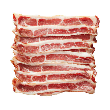 Raw strips of bacon neatly arranged on a clean white surface emphasizing the marbled fat layers and pink mea