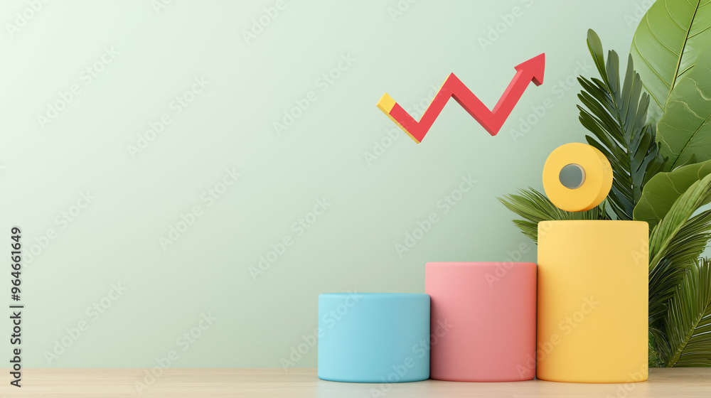 Poster colorful blocks on desk symbolize growth with rising graph and greenery, creating vibrant and optimi