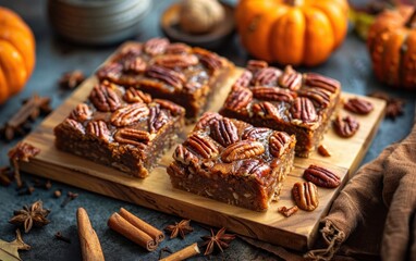 Fototapeta premium Delicious Pecan Pumpkin Bars on a Wooden Cutting Board