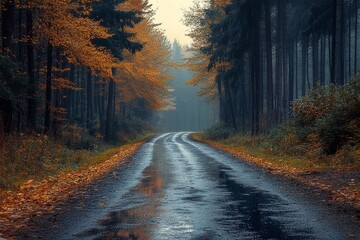 Misty autumn forest road with puddles and vibrant fall foliage