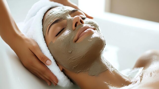 Woman enjoying a luxurious mud bath in a high-end spa, promoting skin rejuvenation