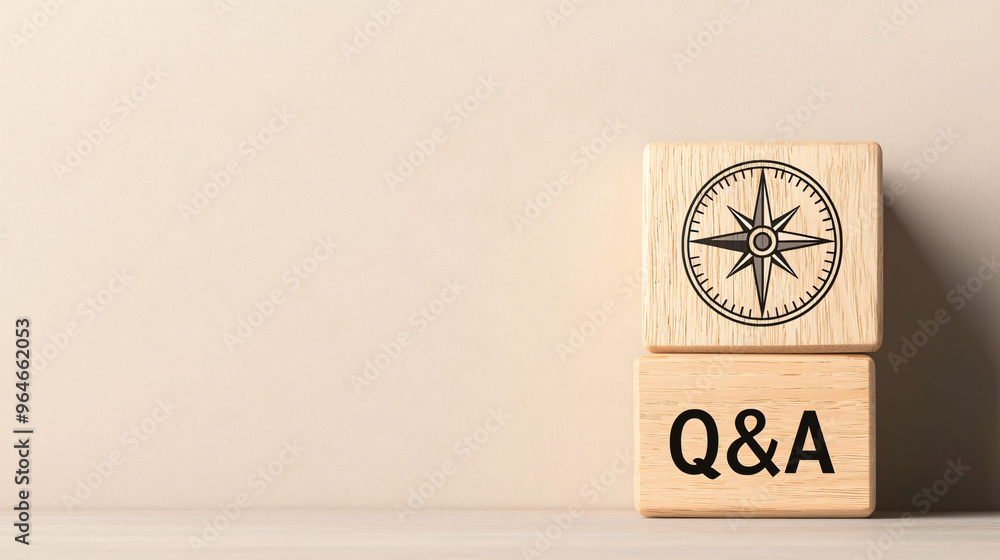 Poster wooden blocks displaying letters q and a and compass design create thoughtful and engaging atmospher