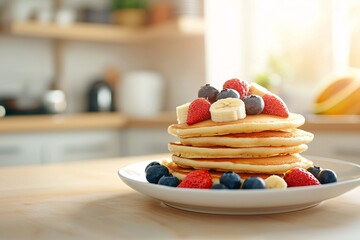 Delicious Pancakes with Berries and Banana Slices on a White Plate.