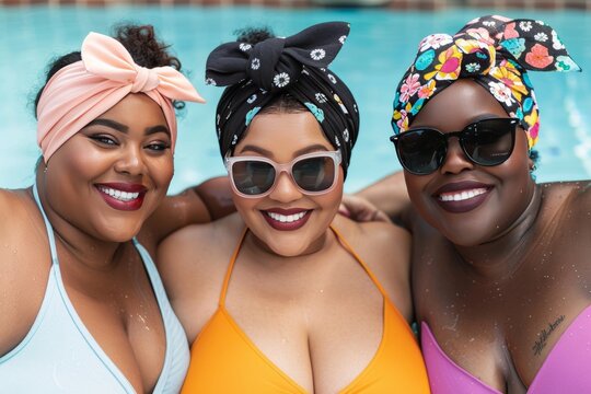 Three Beautiful Plus-Size Women, Wearing Headscarves and Swimsuits, Smiling at the Pool - Powered by Adobe