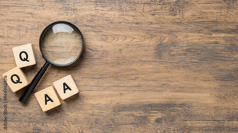 Poster magnifying glass and wooden blocks with letters q and on rustic surface create thoughtful atmosphere