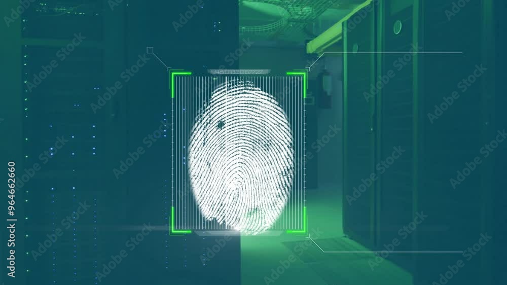 Poster animation of biometric fingerprint and data processing over computer servers