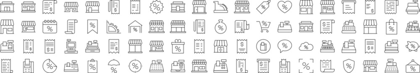 Simple Linear Illustration of Shopping. Contains Icons of Store, Receipt, Cash Register that Can Be Used for Design of Cards, Posts, Apps, Web Sites
