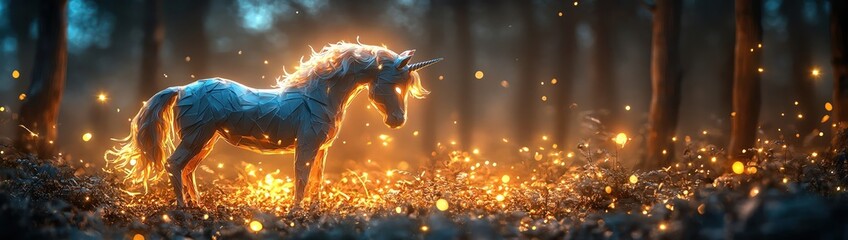 Obraz premium Glowing origami unicorn in an enchanted forest, surrounded by fireflies