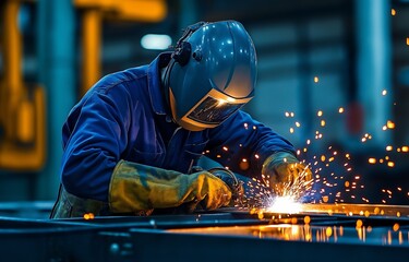 An expert worker in an industrial setting, using protective gear and a helmet, is welding a metal piece and producing dazzling sparks.