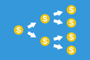 many dollar coins and arrows, different ways to wealth, blockchain or smart contract concept