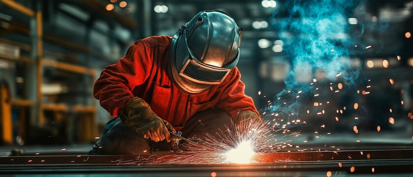 An expert worker in an industrial setting, using protective gear and a helmet, is welding a metal piece and producing dazzling sparks.