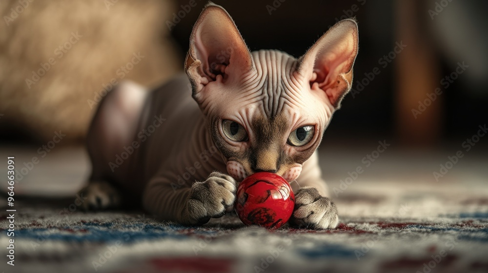 Wall mural A playful Sphynx cat engaging with a red ball on a patterned rug.