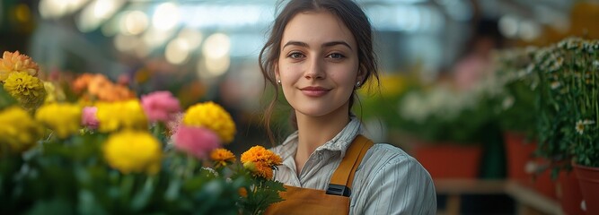 tiny greenhouse company. Entrepreneur in a greenhouse, selling flowers and seedlings