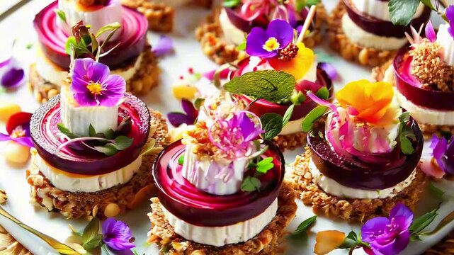Festive appetizers from beetroot, cheese and multigrain bread on white plate.