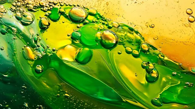 A close-up of green and yellow liquid with bubbles.