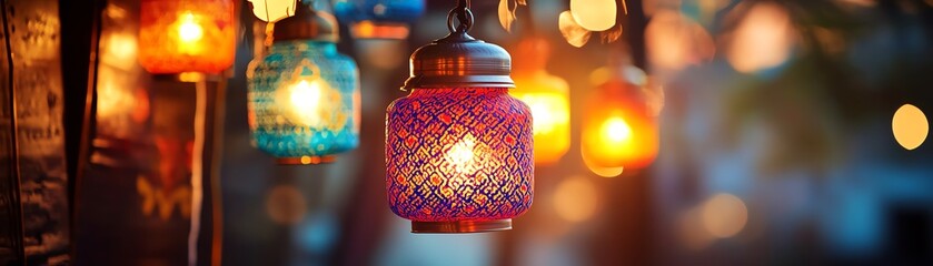 Colorful lanterns illuminate a serene evening, creating a warm and inviting atmosphere perfect for...