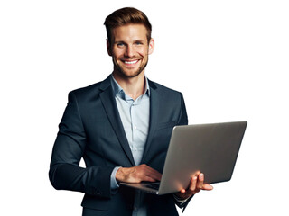 A businessman is standing in a studio, isolated on a grey background, working on a laptop with a concentrated expression transparent background png file,