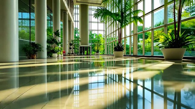 Modern Office Lobby with Green Palm, Large Windows and Sunlight Through Glass Walls