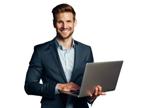 A businessman is standing in a studio, isolated on a grey background, working on a laptop with a concentrated expression transparent background png file, - Powered by Adobe