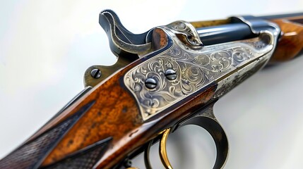 a gun lying on a wood surface on white background.