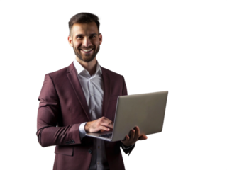 A businessman is standing in a studio, isolated on a grey background, working on a laptop with a concentrated expression transparent background png file,