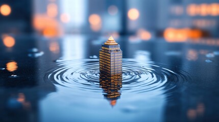 A building reflection in a puddle distorts into a swirling abyss, blurring the lines between reality and fantasy.