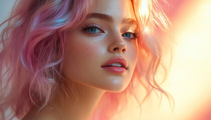Fototapeta premium Woman with pastelcolored hair standing confidently against a vibrant rainbowstriped background