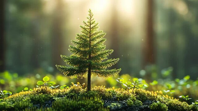 Young pine tree in a sunlit forest
