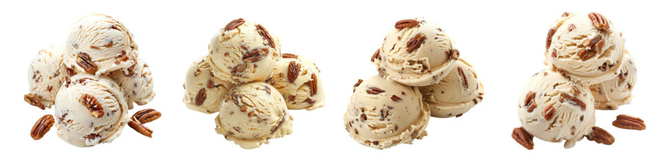 Sets of scoop of Butter Pecan ice cream isolated on transparent background