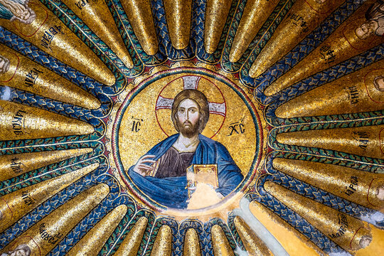 T&uuml;rkiye. Istanbul. A partially restored ancient Byzantine mosaic depicting Jesus Christ and the Prophets before him adorns the walls of Saint-Sauveur-in-Chora (Kariye Museum)