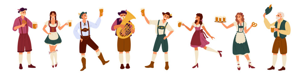 Oktoberfest participants. Funny festival characters. People in national Bavarian clothes. German beer holiday. Dancing man. Woman with ale pints. October celebration. Garish vector set