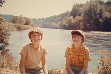Retro 70s faded snapshot of children on a road trip vacation during summer