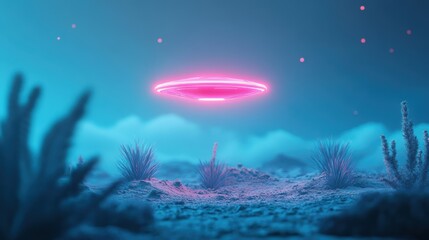 A surreal, otherworldly scene of a glowing spaceship hovering over a desolate, alien landscape.