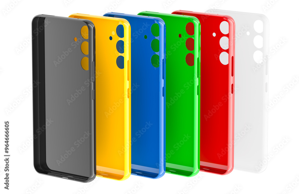 Poster colored silicone cases for smartphones. mobile phone cases, 3d rendering isolated on transparent bac